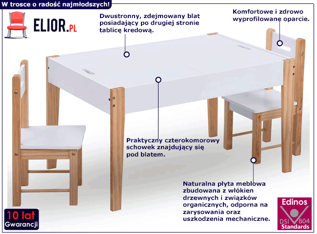 Biały wielofunkcyjny stolik do pokoju dziecięcego z dwustronnym blatem Brico