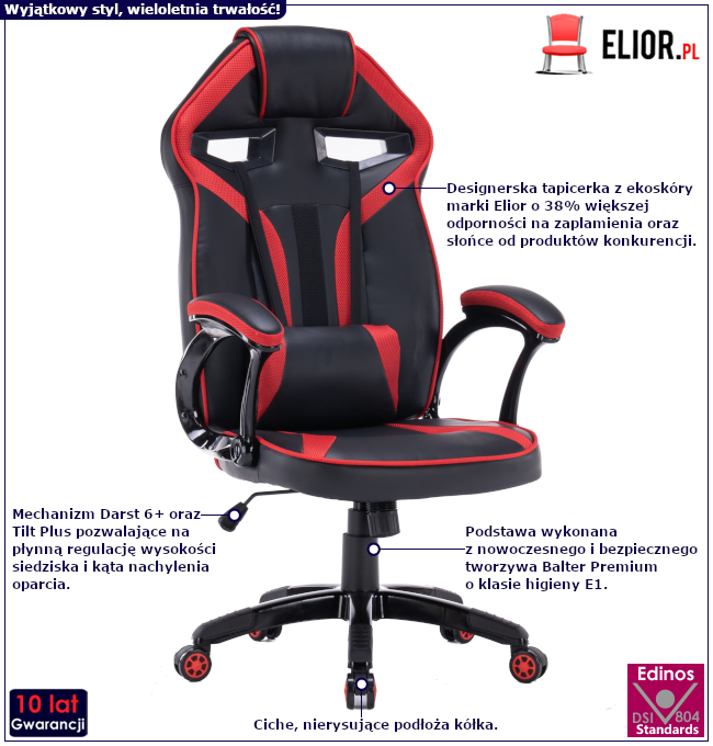 Produkt Czarno-czerwony tapicerowany fotel gamingowy - Dexero