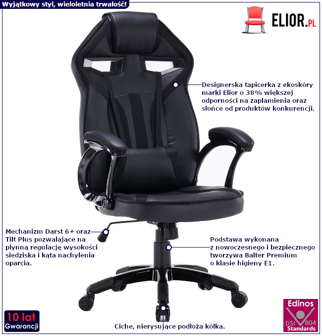 Produkt Czarny nowoczesny fotel gamingowy - Dexero