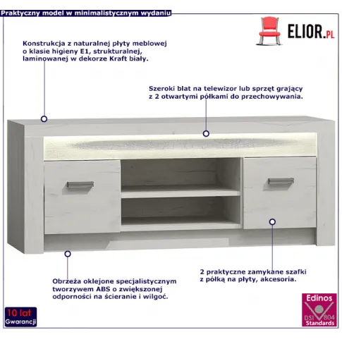 Niska szafka rtv z półkami w kolorze kraft biały Dagna 10X