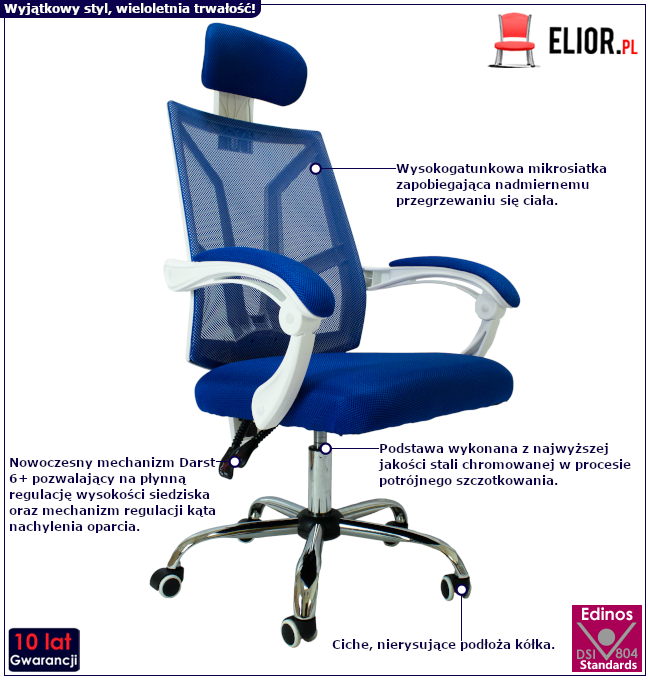 Produkt Biało-niebieski fotel biurowy - Roiso