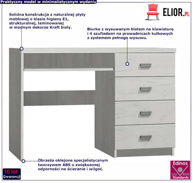 Biurko z 4 szufladami w dekorze kraft biały Mariel 16X