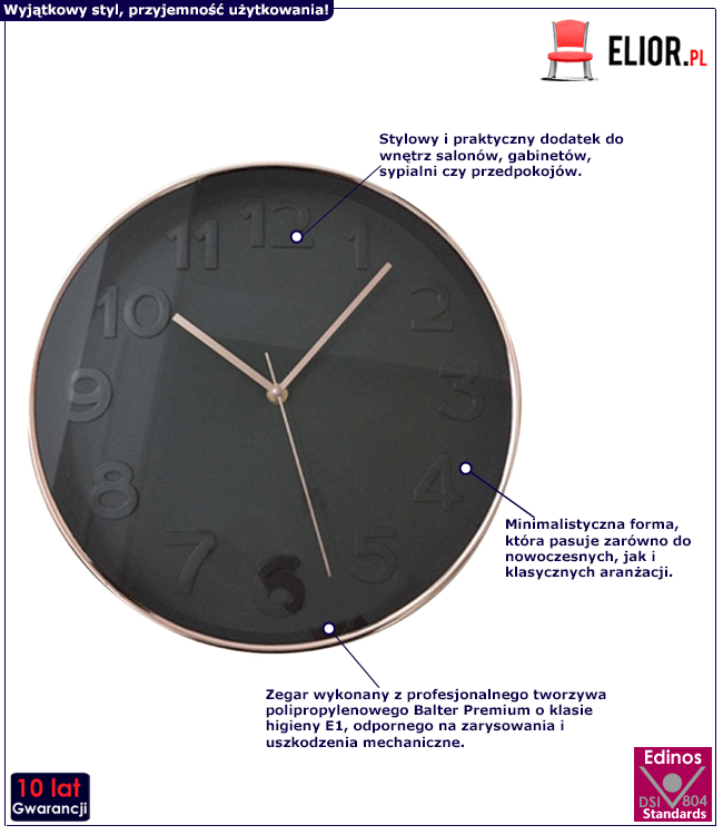 Czarny zegar Tereo - złoty