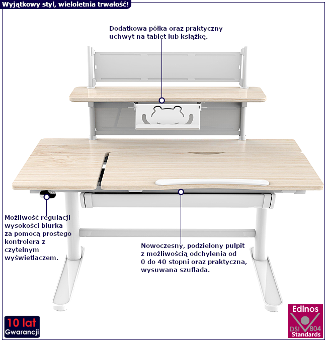 Produkt Białe biurko szkolne elektryczne z nadstawką - Tobiso 3X