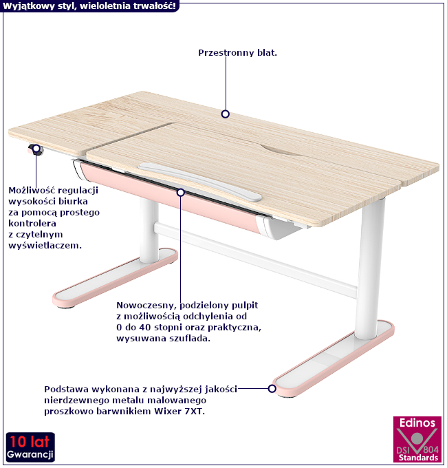 Produkt Różowe biurko elektryczne nowoczesne - Tobiso 2X