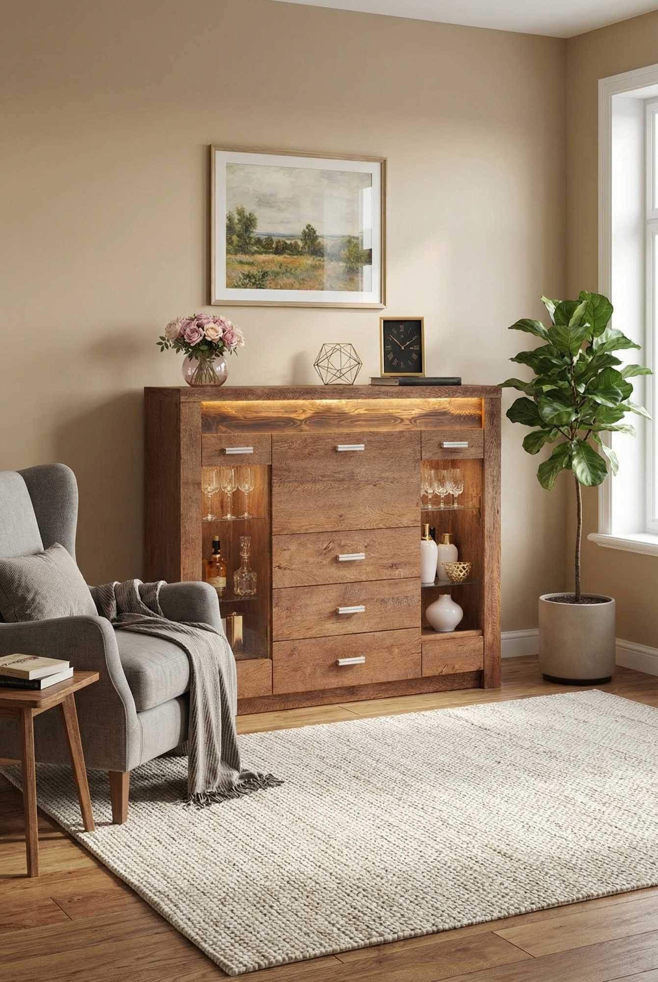 Aranżacja wnętrza z witryną Filin 9X jesion jasny