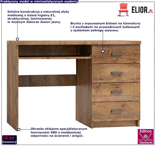 Biurko z 4 szufladami w dekorze jesion jasny Filin 16X