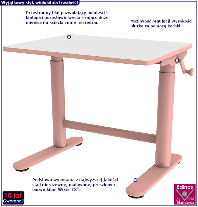 Produkt Różowe wąskie biurko ergonomiczne dziecięce - Otiso