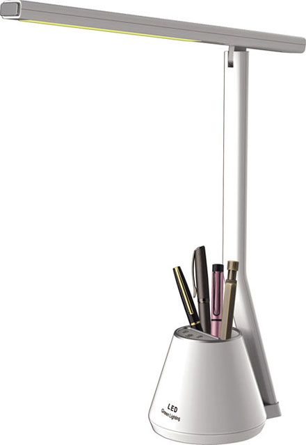 Biała nowoczesna lampka biurkowa z przybornikiem S253-Defis