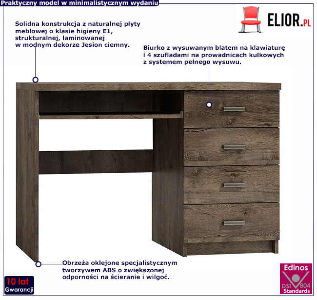 Biurko z 4 szufladami w dekorze jesion ciemny Filin 16X