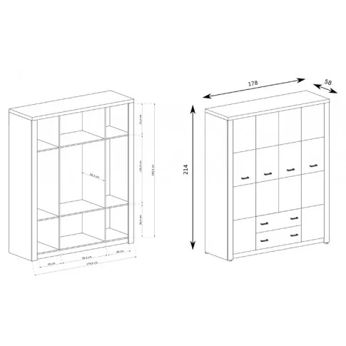 wymiary i wnętrze szafy czterodrzwiowej Dagna