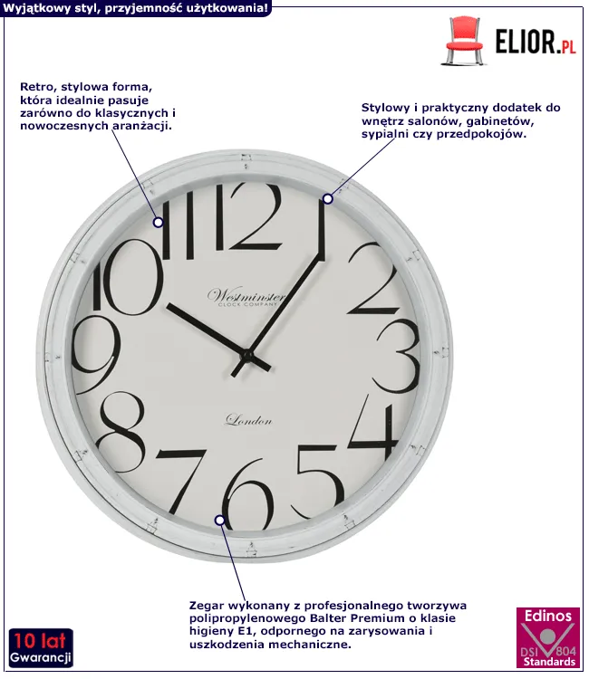 Biały zegar ścienny Ulti - do salonu