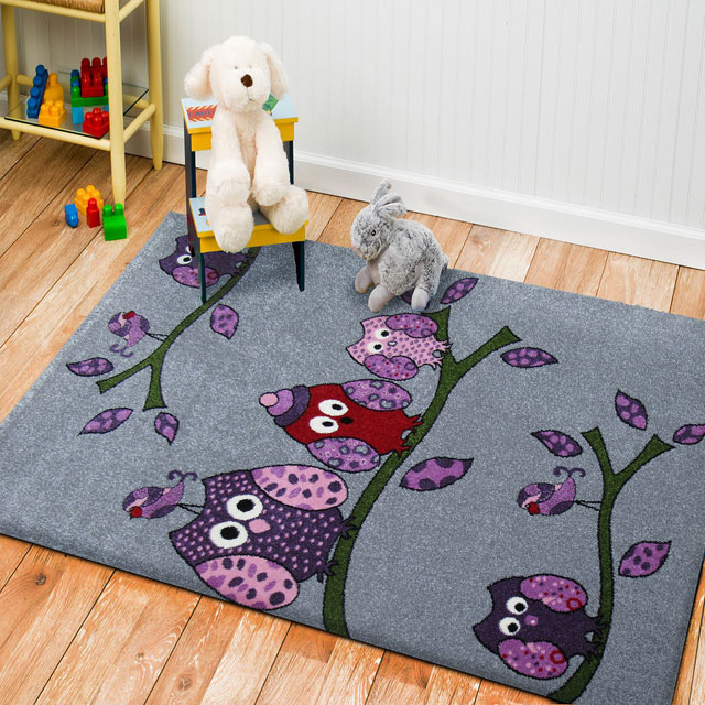 Szary prostokątny dywan do pokoju dziecka Kortis w sowy