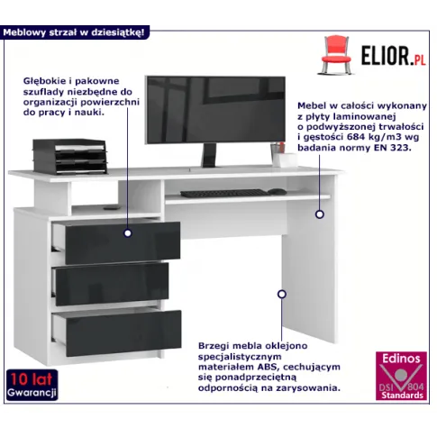 Biurko do pracy przy komputerze biały grafit połysk Flarin 3X