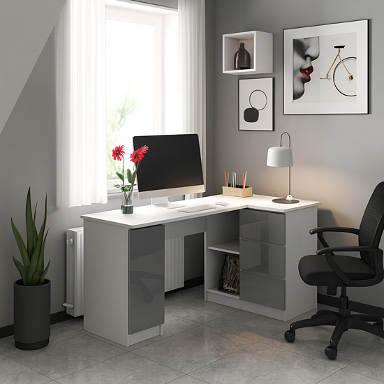 Narożne biurko komputerowe biały + metalik połysk - Volume 6X