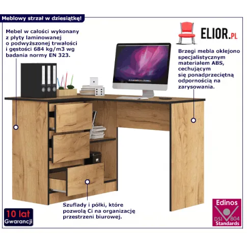 Biurko skandynawskie narożne dąb craft Heron 3X