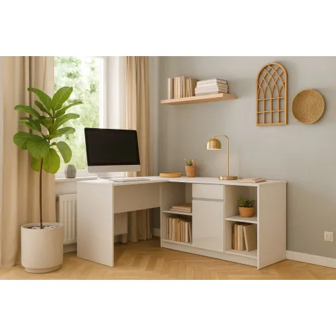 Białe narożne duże biurko komputerowe z komodą połysk   Wilma 5X