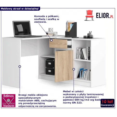 Biurko narożne biały dąb sonoma Klemin 4X