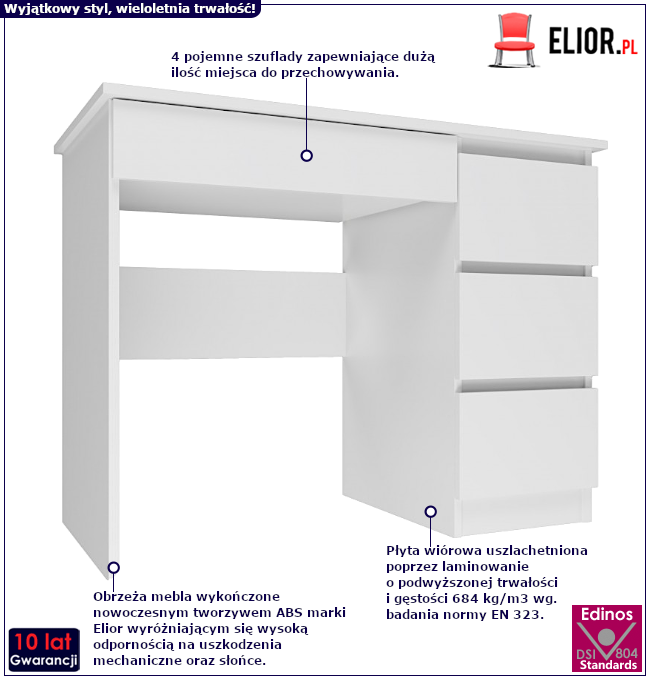 Produkt Białe biurko proste klasyczne komputerowe 100 cm - Agoni 4X