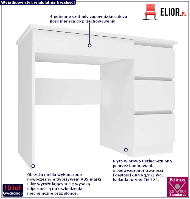 Produkt Biurko 100 cm z 4 szufladami Agoni 5X - biały połysk.