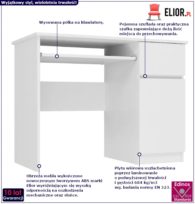 Produkt Biurko z szufladą w kolorze biały połysk - Tika 5X