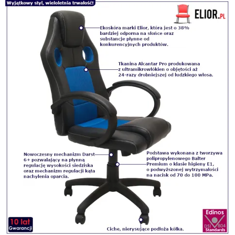 Nowoczesny czarno-niebieski obrotowy fotel Iveros