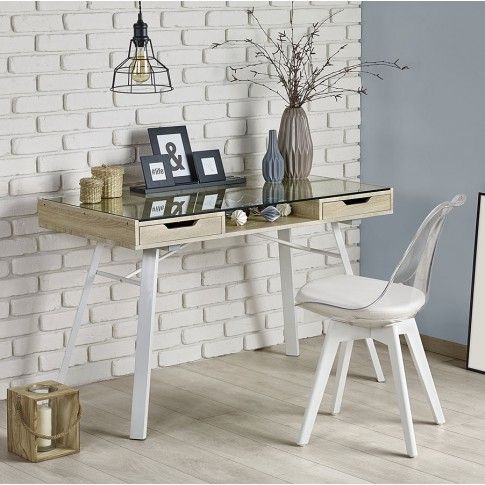 Zdjęcie produktu Biurko szklane Rafen - białe + dąb sonoma.