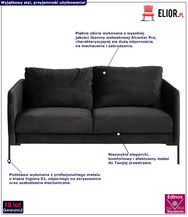 Antracytowa sofa Amols z welwetu - miękka
