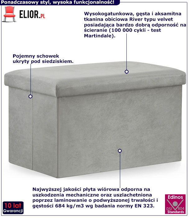 Szara tapicerowana prostokątna pufa ze schowkiem Nesto 5X