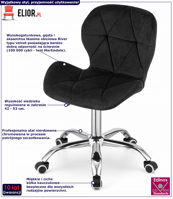 Czarne pikowane welurowe krzesło obrotowe Renes 4X