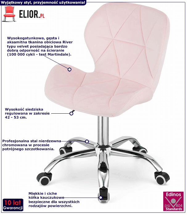 Różowe pikowane krzesło obrotowe Renes 4X