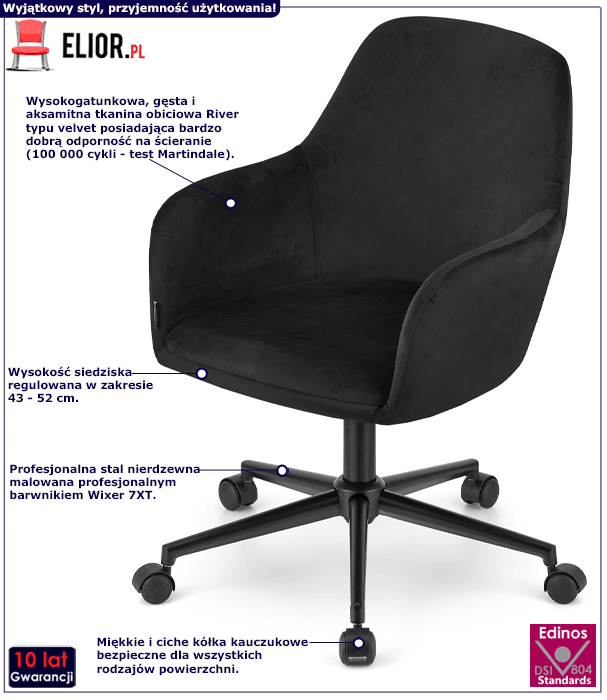 Czarny tapicerowany welurem fotel obrotowy Daiso 3X