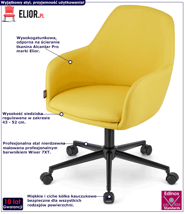 Żółte tapicerowane krzesło obrotowe na kółkach Daiso 4X