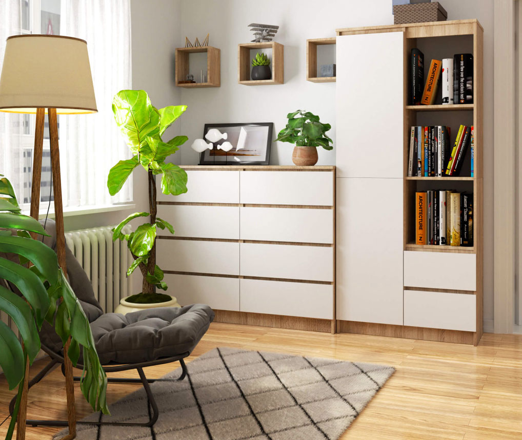 Przykładowa aranżacja z regałem Tiare 3X dąb sonoma + biały