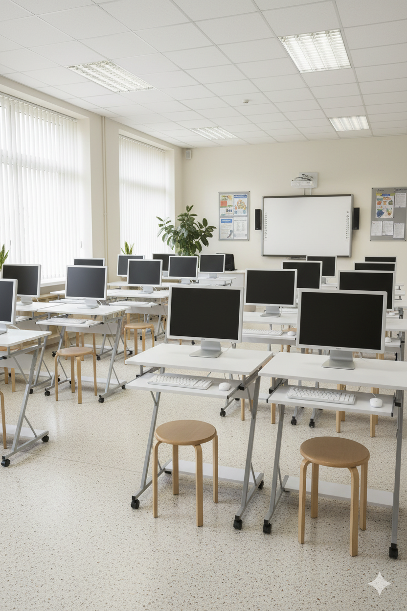 Aranżacja sali komputerowej z biurkami na kółkach - Kalisto