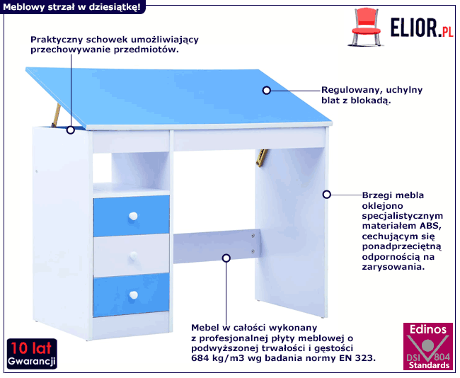 Niebieskie biurko dziecięce do rysowania z szufladami Tobby