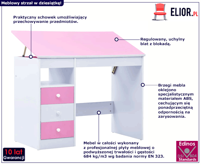 Różowo-białe biurko dziecięce z odchylanym blatem Tobby