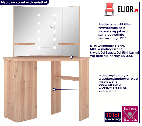 Stół do makijażu z lustrem led toaletka narożna dąb Peri