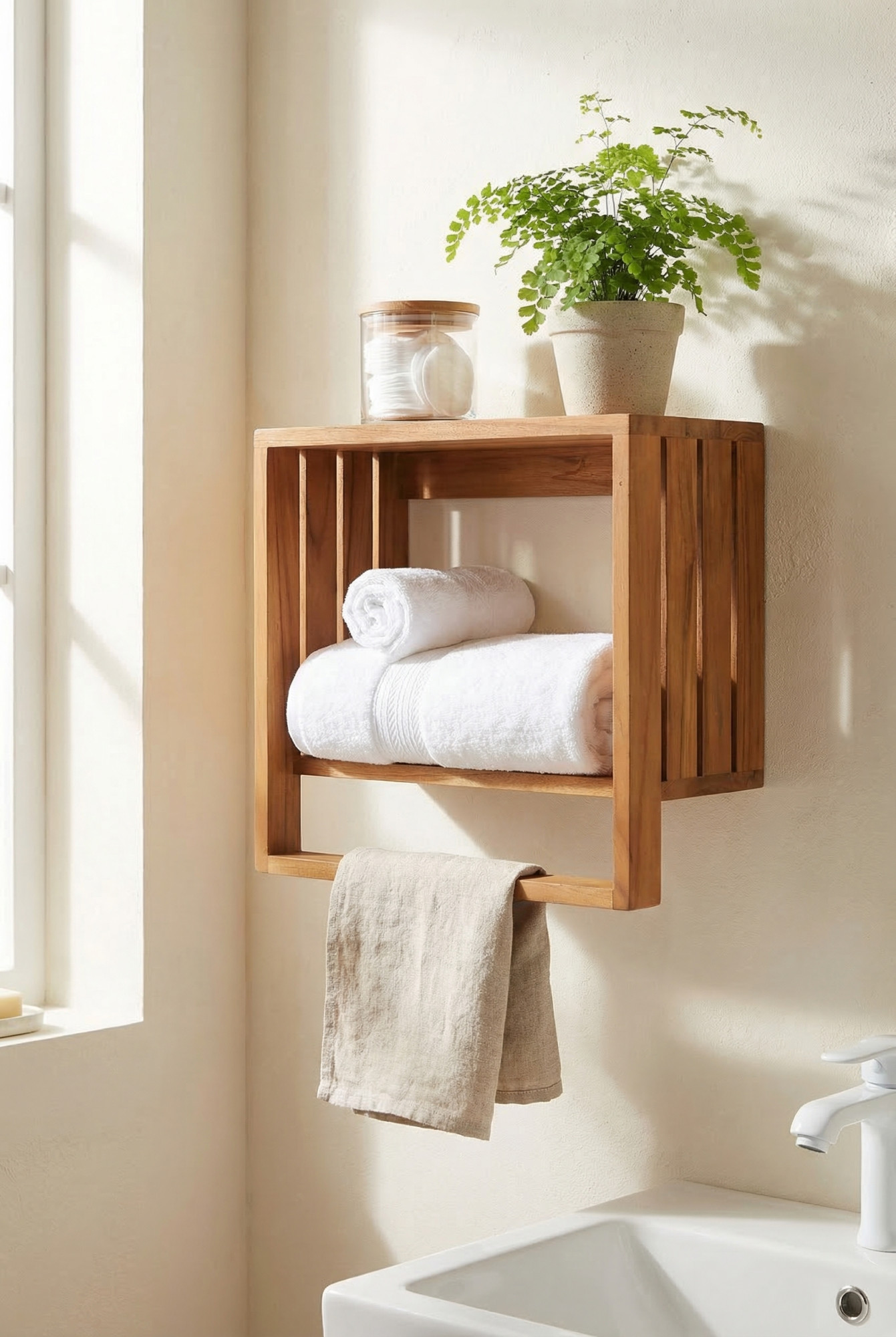 Łazienka z wykorzystaniem drewnianej półki z wieszakiem Altera