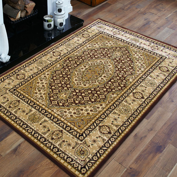 Brązowy prostokątny zdobiony dywan w stylu vintage Hamir