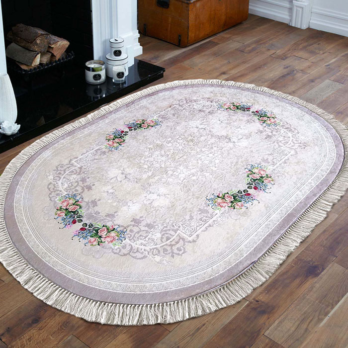 Beżowy owalny dywan w stylu angielskim Kortado