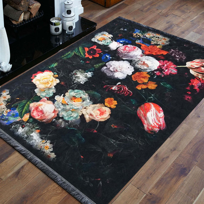 Czarny nowoczesny dywan w kwiaty Rubiox