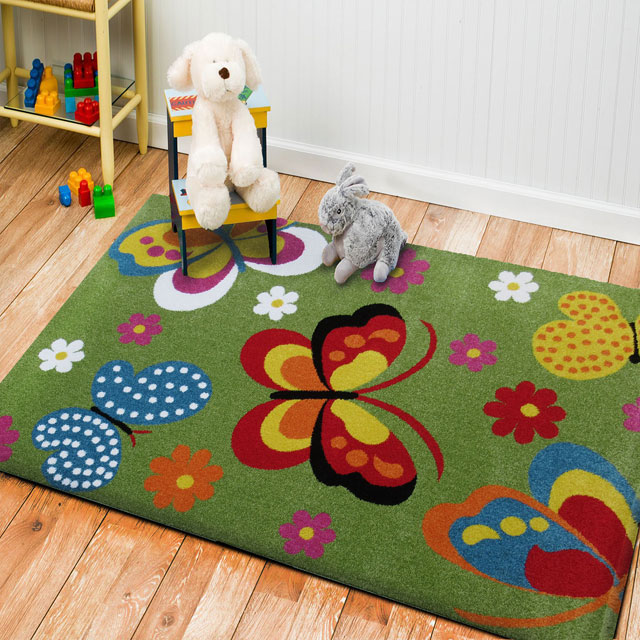 Zielony dywan w motylki do pokoju dziecka Mexi