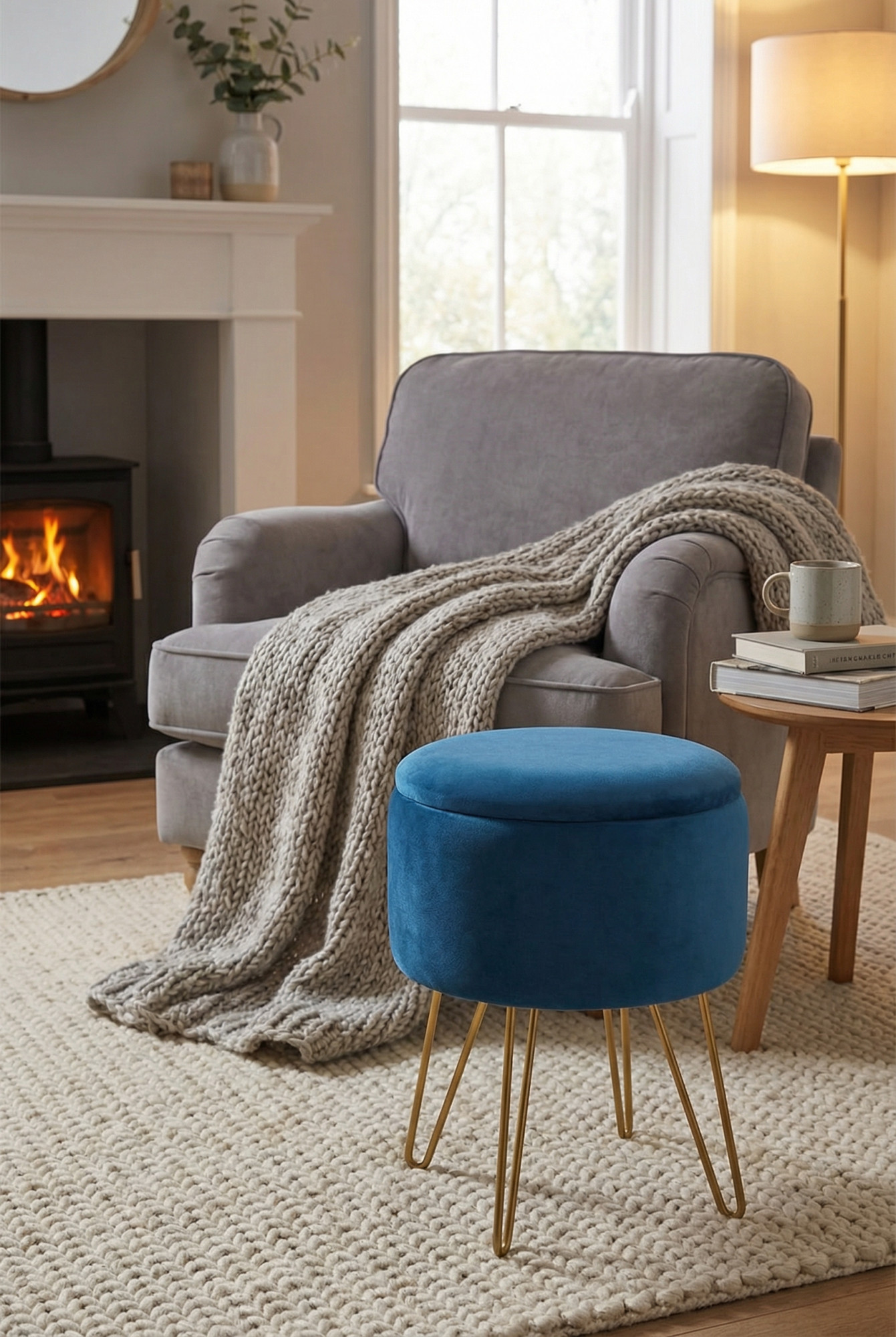 Wnętrze z wykorzystaniem niebieskiej pufy pikowanej Hagos