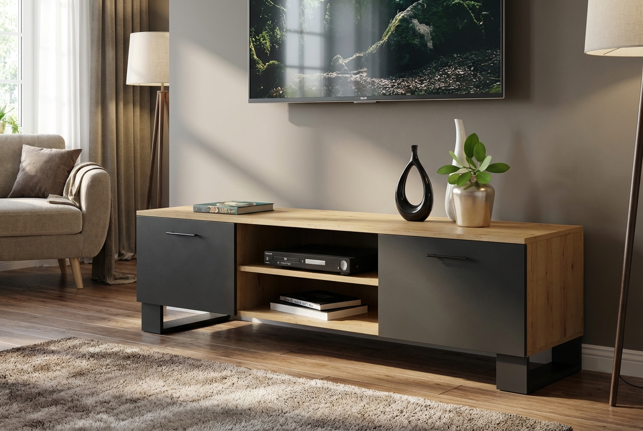 Wnętrze z szafką RTV Awerte 3X dąb arttisan + czarny