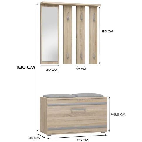 Szczegółowe zdjęcie nr 6 produktu Garderoba z lustrem i szafką na buty + siedzisko Malea - dąb sonoma