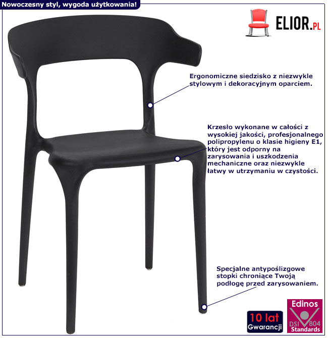 Infografika zestawu 4 sztuk czarnych krzeseł do kuchni Eldorado