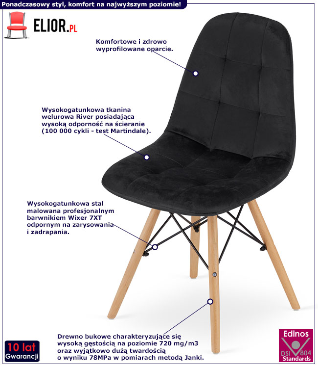 Komplet czarnych tapicerowanych krzeseł welurowych Zipro