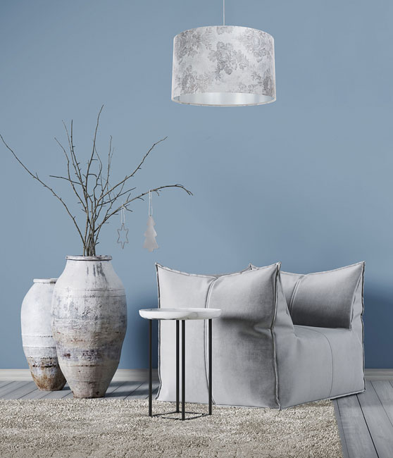 Srebrna duża lampa wisząca z kloszem tkaninowym S393-Uvas