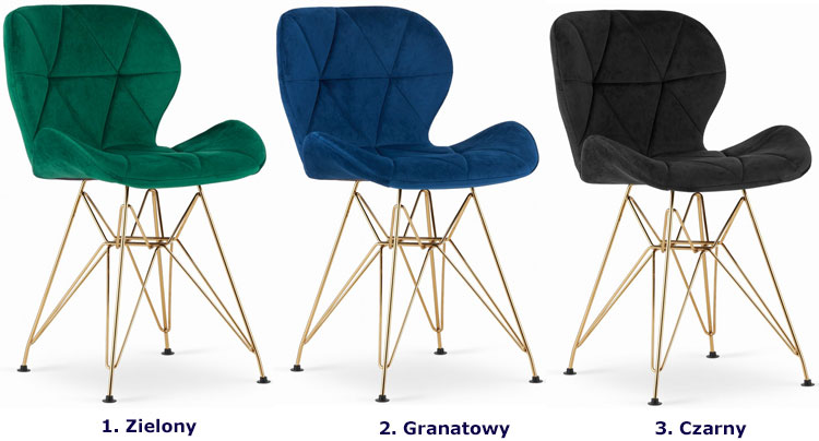 Dostępne kolory zestawu 4 krzeseł aksamitnych do salonu Sarema